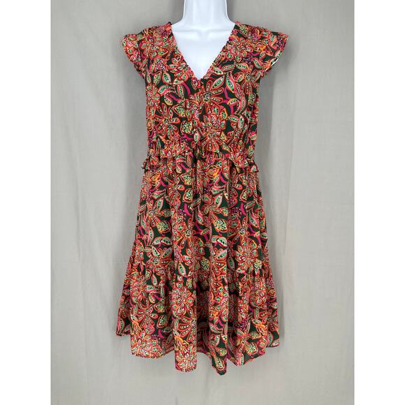 J Crew Dress Women 12 Green Floral Mini Pink Ruffle Tiered Pockets Bohemian - Picture 1 of 10